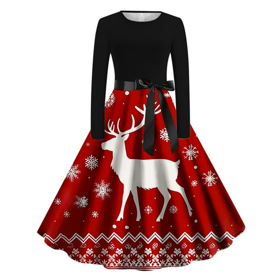 Lorytime Christmas A Line Dress for Women Formal Reindeer Crew Neck Elegant Dresses Long Sleeve Party Dresses with Belt