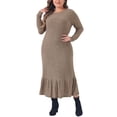 thumbnail image 2 of Agnes Orinda Women's Plus Size Dress Ribbed Knit Crew Neck Long Sleeve Ruffled Hem Casual Winter Mixi Dresses 1X Khaki, 2 of 6