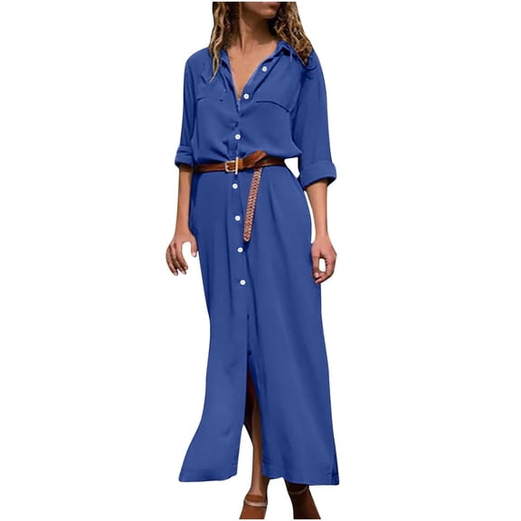Ersazi Sun Dresses for Women Casual Fashion Women Summer Casual Solid Dress V-Neck Long Sleeve Loose Dress Blue M