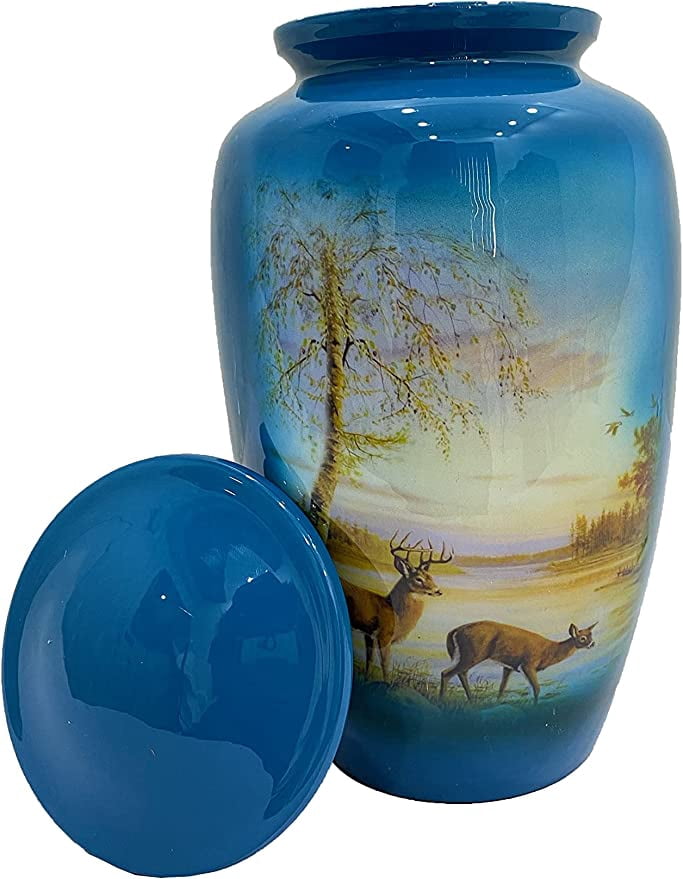 RUZIOON Grazing Deer Cremation Urn, Adult Urns for Ashes - Adult Funeral Urn Handcrafted - Affordable Urn for Ashes (Adult (200 lbs) – 10.5 x 6 “, (Large/Adult Urn) with Nice Velvet Bag