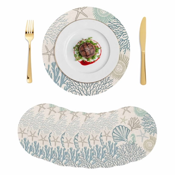 Coastal Ocean Round 13 Inch Placemats Set of 8, Vintage Coral Starfish Shell Seahorse HeatResistant Non Slip Place Mats for Dining Table, Wipeable Braided Kitchen Table Mats for Housewarming