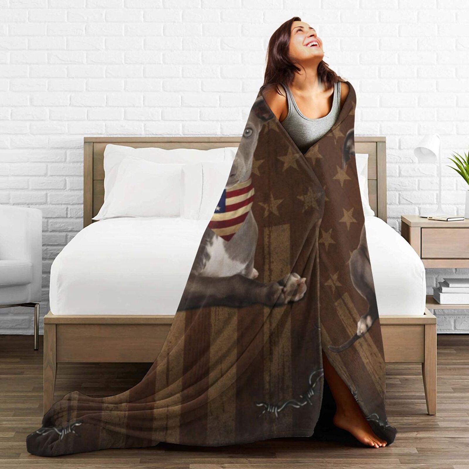 Wijzvio Italian Greyhound Dog With Vintage American Flag Throw Blanket Soft Fuzzy Fleece Blanket For Couch Bed Living Room Decoration 50"X40"