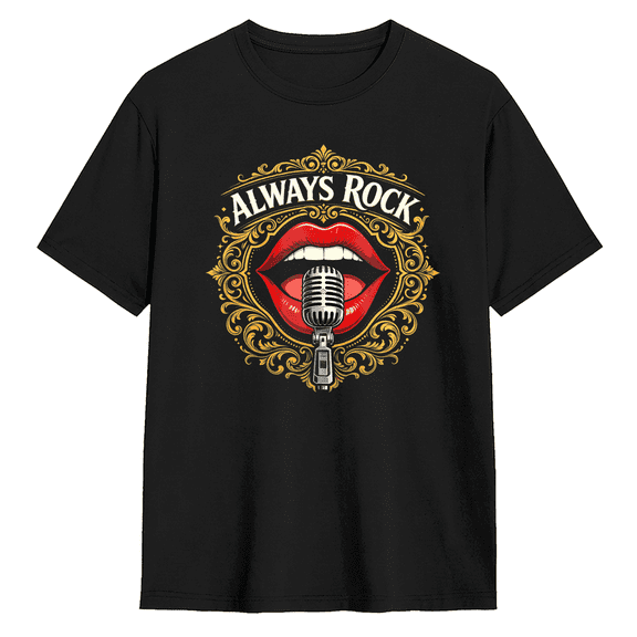 Always Rock Microphone Lips Graphic Tee for Men and Women Vintage Music Lover Cotton Short Sleeve T Shirt