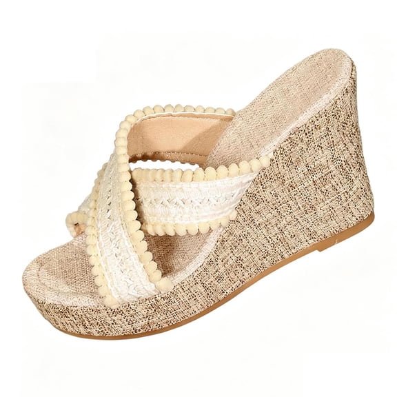 CYMMPU Women's Pom Pom Trim Crisscross Strap Wedge Slide Sandals, Fabric Platform Open Toe Mules, Summer Casual Beach Slip On Shoes Beige 42