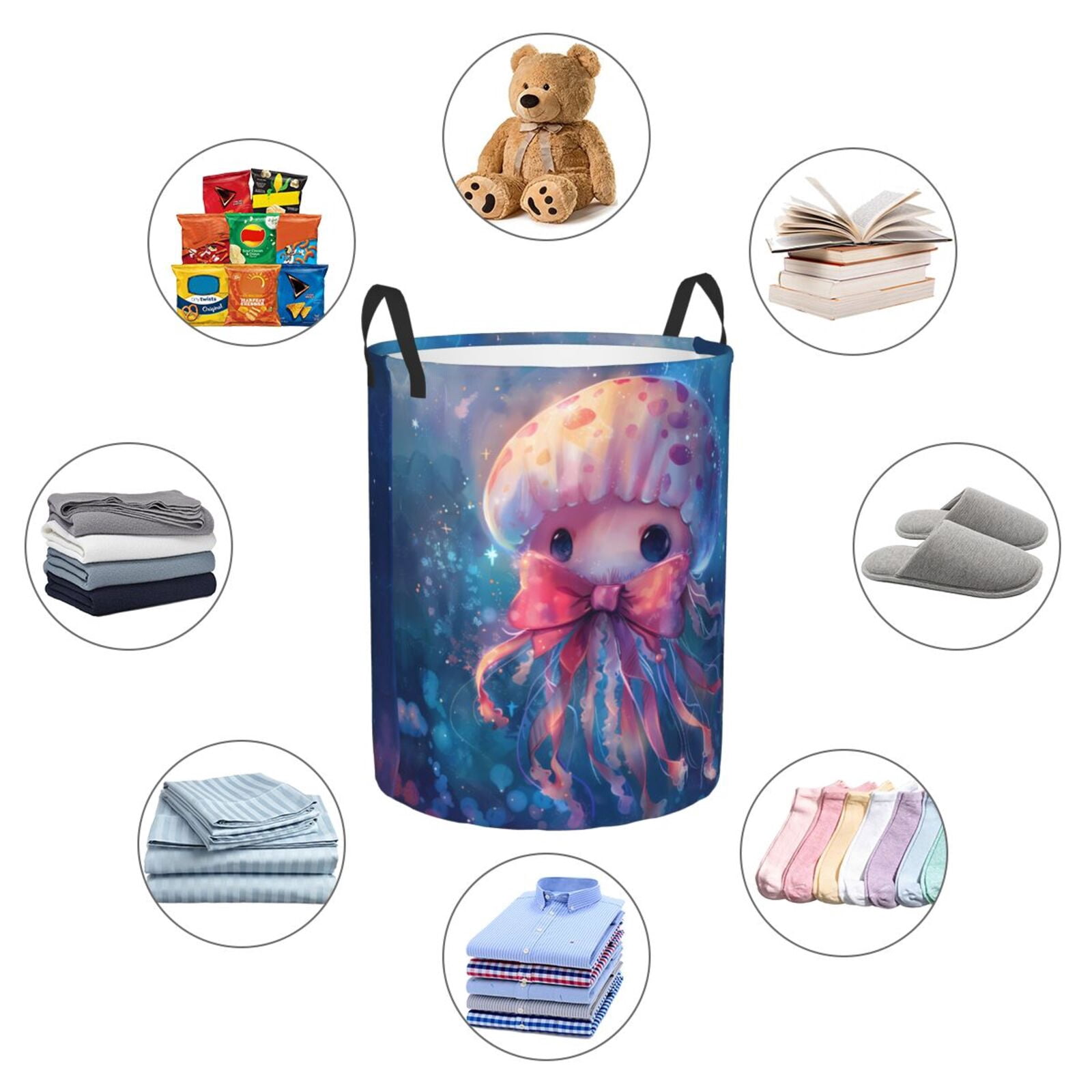 Large Laundry Basket with Handles - Adorable Jellyfish In Bow Kids Baby Dirty Clothes Laundry Hamper for Bedroom Aesthetic