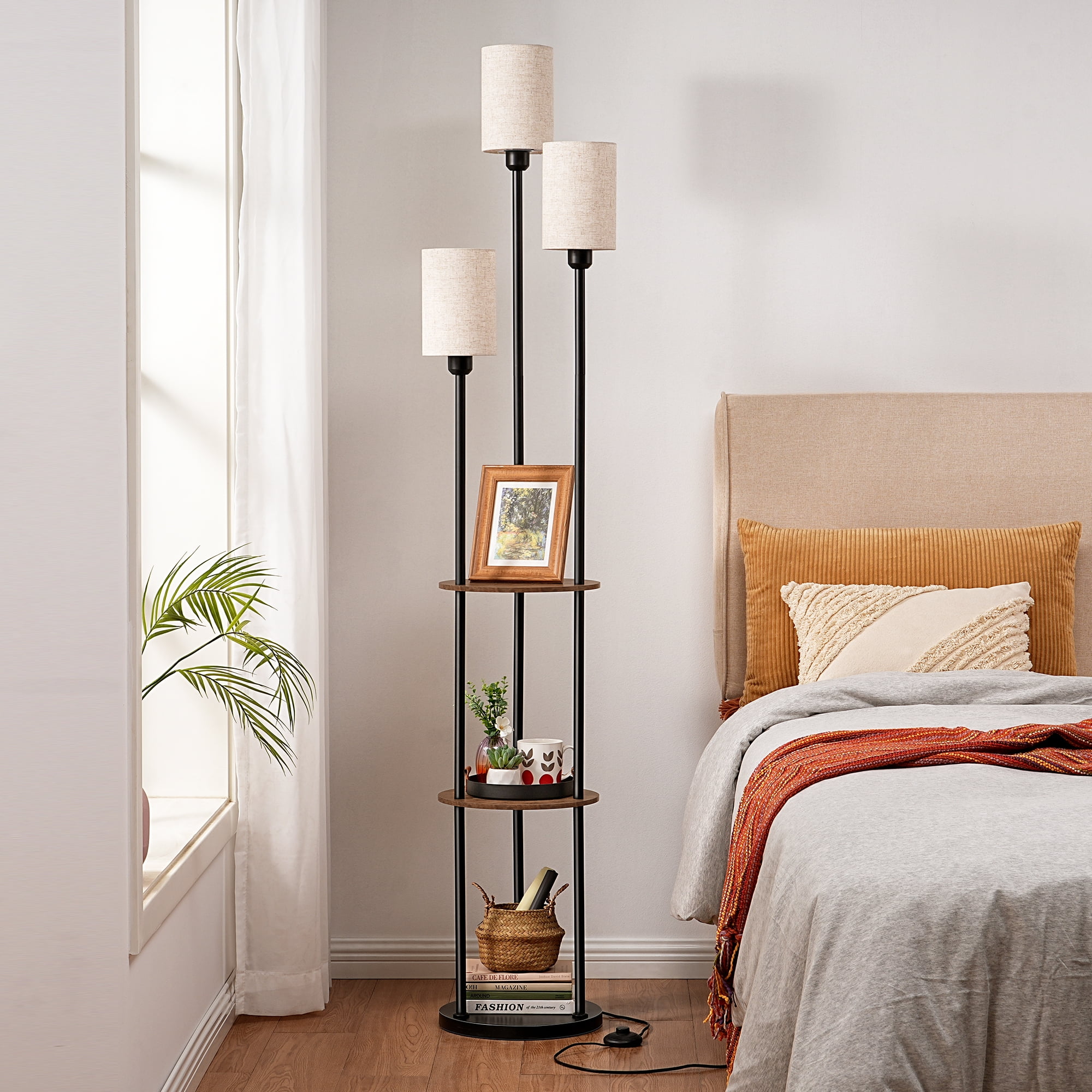 EDISHINE Floor Lamps with Shelf for Living Room, Tall Standing Farmhouse Floor lamp, Heavy Duty 3 Lights with Linen Shades