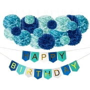 DIY Blue Birthday Decorations - Happy B-Day Party Banner Sign and DIY Tissue Paper Pom-Pom Decor Kit for Kids, Teens, Boys, Girls - Under The Sea Beach Shark Whale Pool Dragon Theme Party Supplies