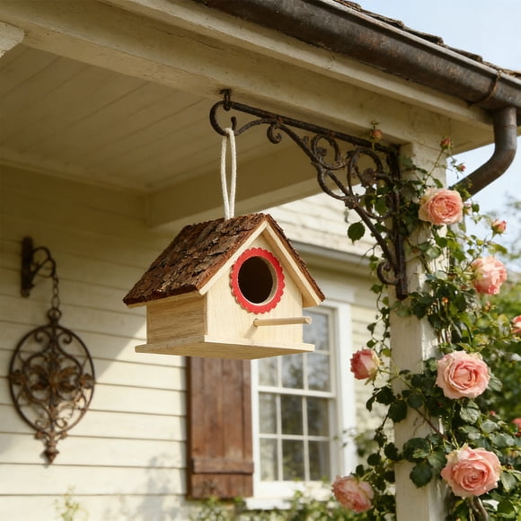 Nido colgante de madera exterior Bird House Diseño portátil Techo de madera maciza resistente con corteza natural Instalación flexible de entrada para aves pequeñas 6,69x6,3x5,71 pulgadas