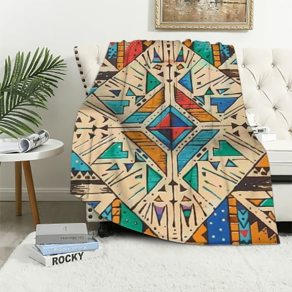 JRXY Tribal Ethnic Aztec Blanket, Secret Tribe Pattern in Bohemian Style Vintage Super Soft Flannel Throw Blanket for Bed Sofa (330GSM Flannel) White