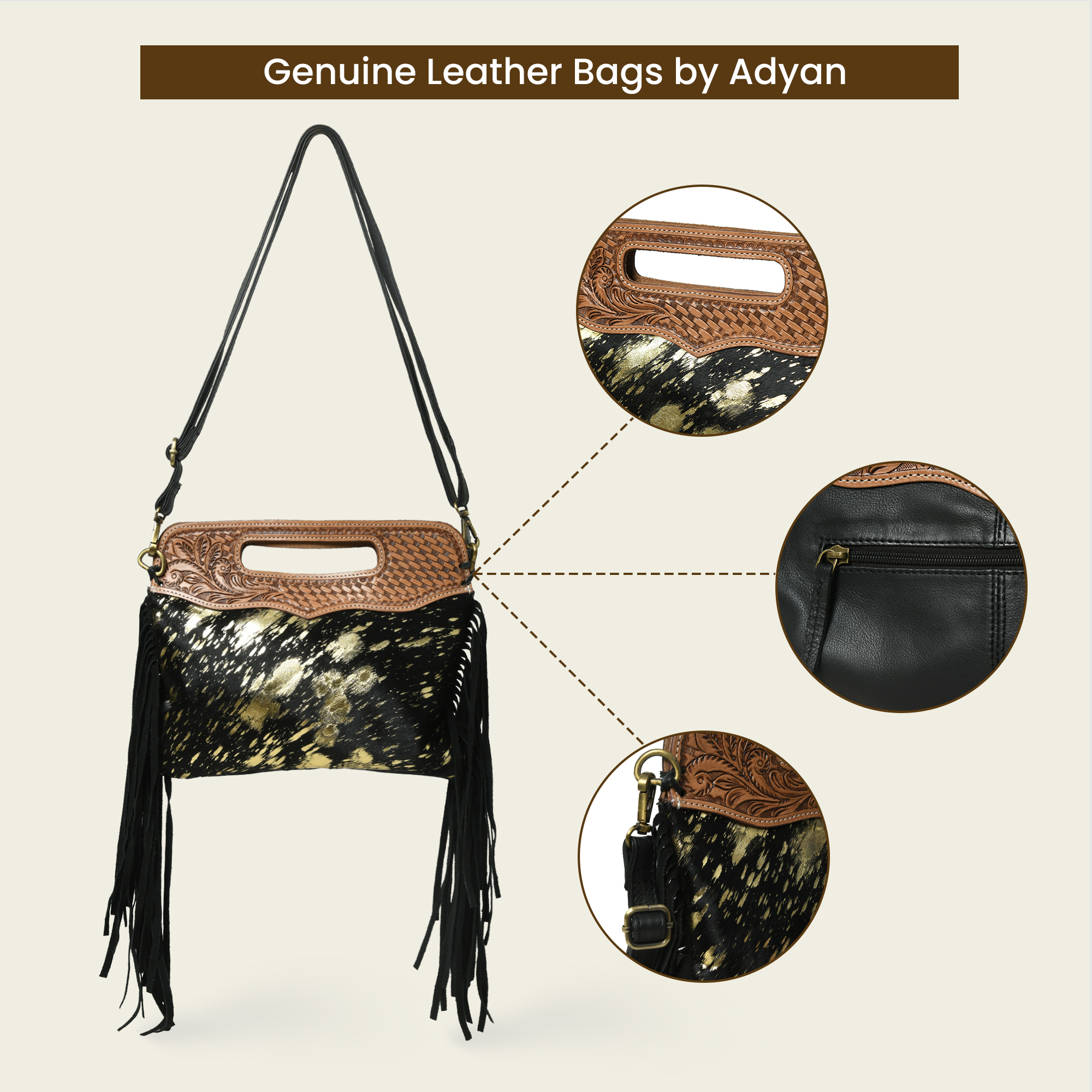 Women's Western Fringe Leather Hand Bag – Sling Bag Suede Hair-On Handbag with Adjustable Strap, Handmade Sling Purse 12"x10" Black n Golden