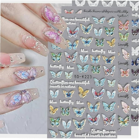 5D Butterfly Nails Art Stickers Decals, Spring Summer Self-Adhesive Nail Art Supplies Colorful Butterfly Nail Design DIY Nail Charm Nail Decorations for Women Girls