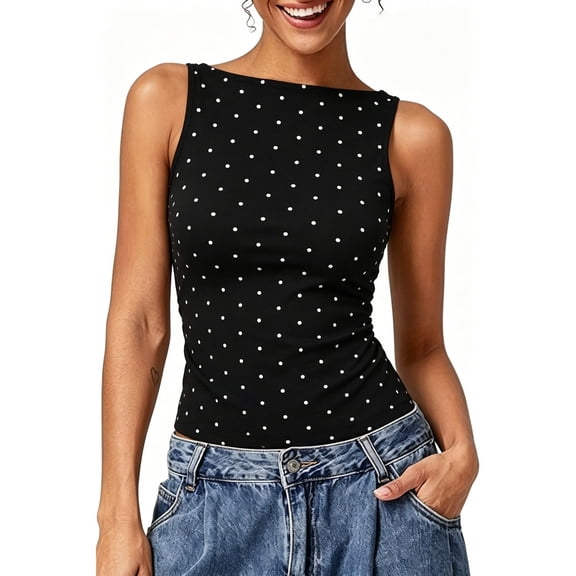 Bibifish Womens Tank Tops Polka Dot Boat Neck Sleeveless Camisole Ribbed Knit Slim Fit Going Out Tops