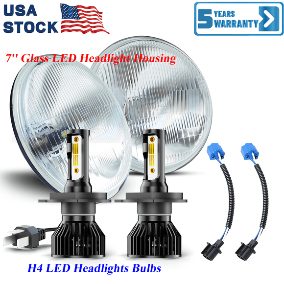 AQJ For 1969-1978 Ford F100 F150 F250 Pair 7inch Round LED Headlights High Low Beam,  7 Inch H6024 Glass Round LED Headlight Housing + H4/9003 Dual Beam LED Headlight Bulbs