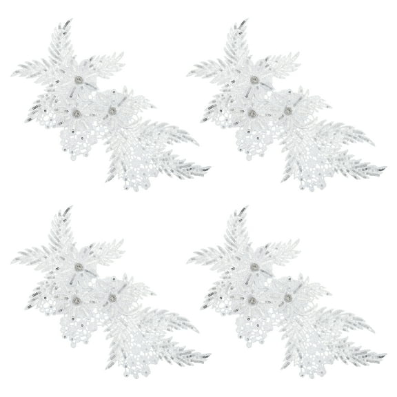 Uxcell 4 Pcs(2 Pairs) Flower Sequin Applique with Rhinestone Bead, 3D Embroidery Patch Sewing Addition Embellishments for Wedding Bridal Dress Clothes DIY Crafts Decor, Silver/White