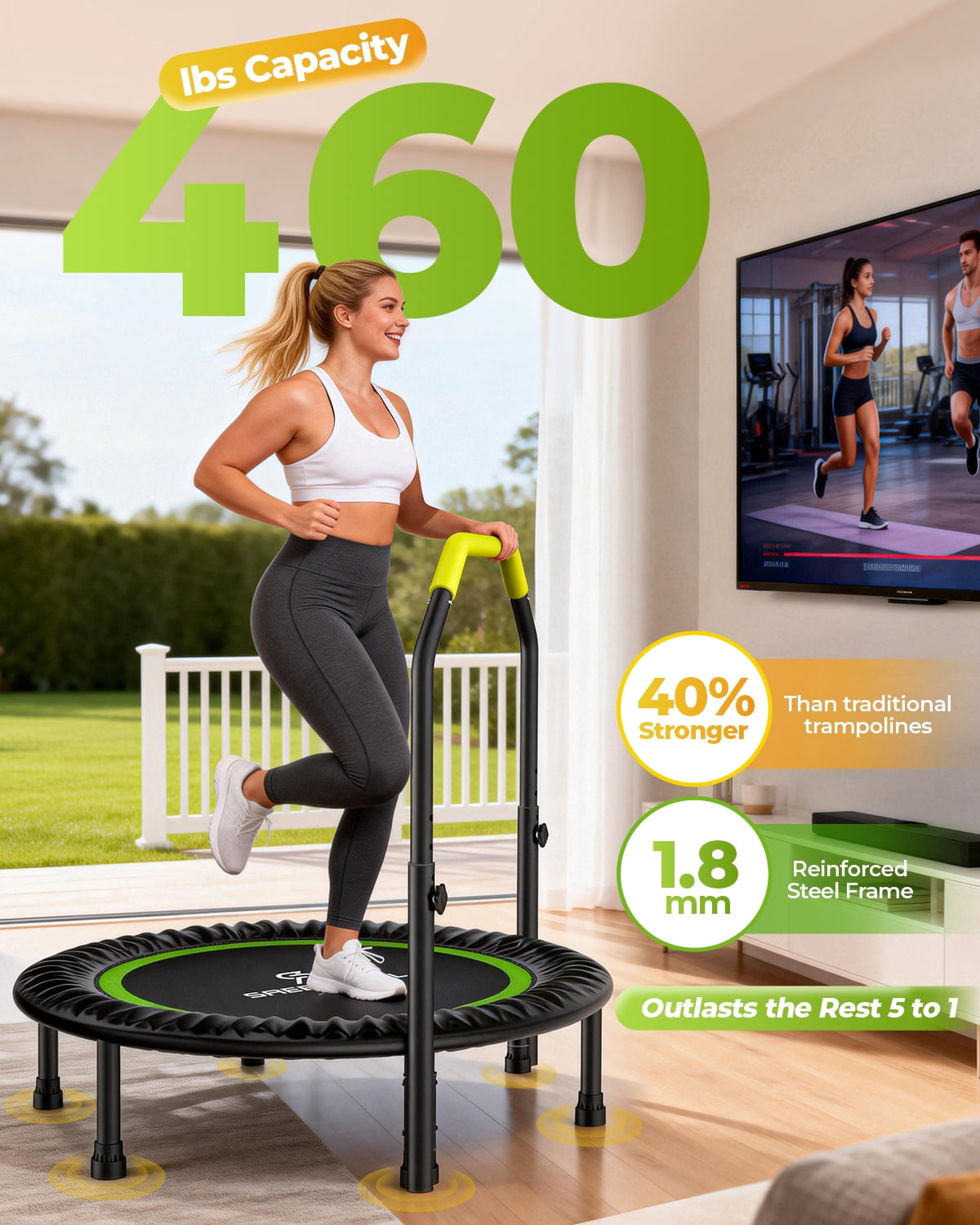 SAEEPABUL 40Inch Mini Fitness Rebounder Trampoline with Adjustable Handle, Indoor Exercise Workout Trampoline for Adults, Max Load 330lbs, Green
