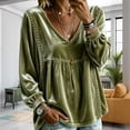 thumbnail image 2 of Vinsonshop Womens Peplum Velvet Blouses Elegant Long Sleeve V Neck Tops Lace Trim Velvet Babydoll Shirts Green S, 2 of 5