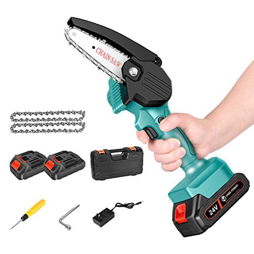 green Mini chainsaw cordless Handheld Portable Chainsaw with 3Pcs Batteries and Chain anti splash board One-Hand 0.7kg Lightweight Pruning Shears Chainsaw for Garden Tree Branch Wood Cutting and 