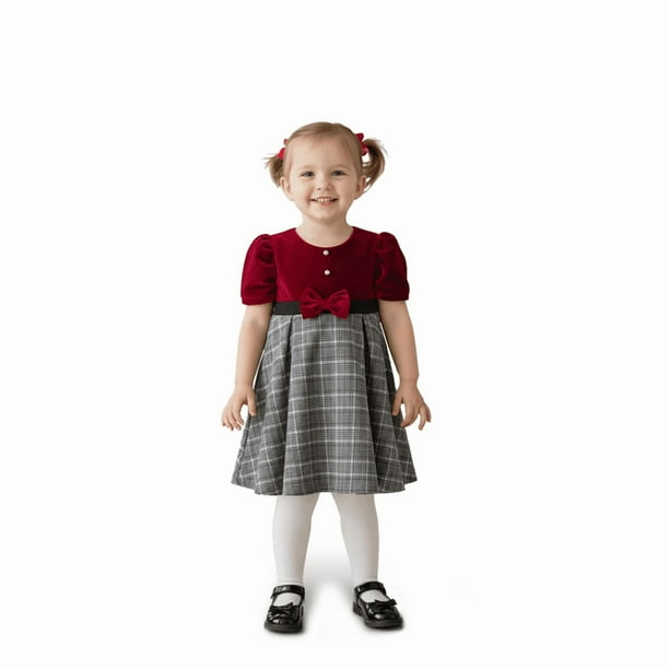 Vestido Navideño de Terciopelo con falda a cuadros abrigadora para Bebé FLORY 0120, Rojo, 1 Año