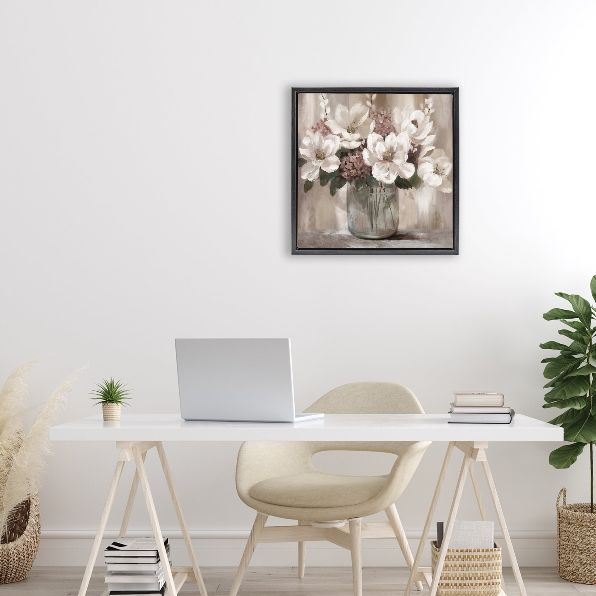 Stupell Industries Ivory Magnolias Vase Black Framed Floater Canvas Wall Art, design by Nan