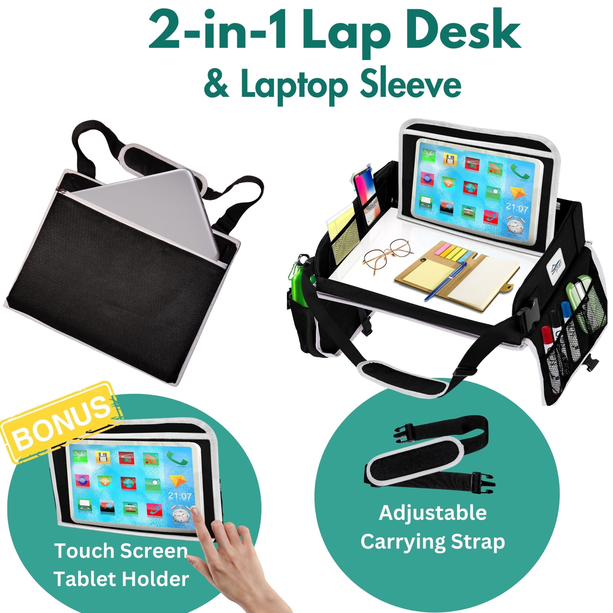 Cerizona Travel Lap Desk - Travel Tray, Portable Lap Desk for Car, Remote Work, Trips, School - Storage Pockets, Laptop Tablet Sleeve, Adjustable Carrying Strap - Fits up to 15.6-Inch Laptop (Black)
