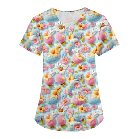Nurse Uniforms Women，Womens Scrub Tops - Short Sleeve V-Neck Easter Printed Scrub Top Women Uniform Shirts with Side Pockets，Pink，XXL