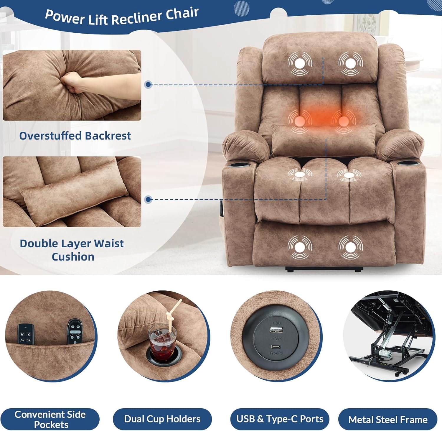 Large Dual Motor Lay Flat Power Lift Recliner Chair with Extended Footrest, Heat Massage, Oversized Electric Recliner for Big Tall Elderly, Lumbar Pillow, USB & Type-C Ports, Plush Brown