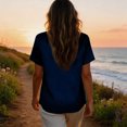 thumbnail image 6 of Embroidered Linen Shirt for Women, V-Neck Short Sleeve Cotton Blend Tunic with Floral Details - Loose Fit Casual Summer Top Navy XXXL, 6 of 8