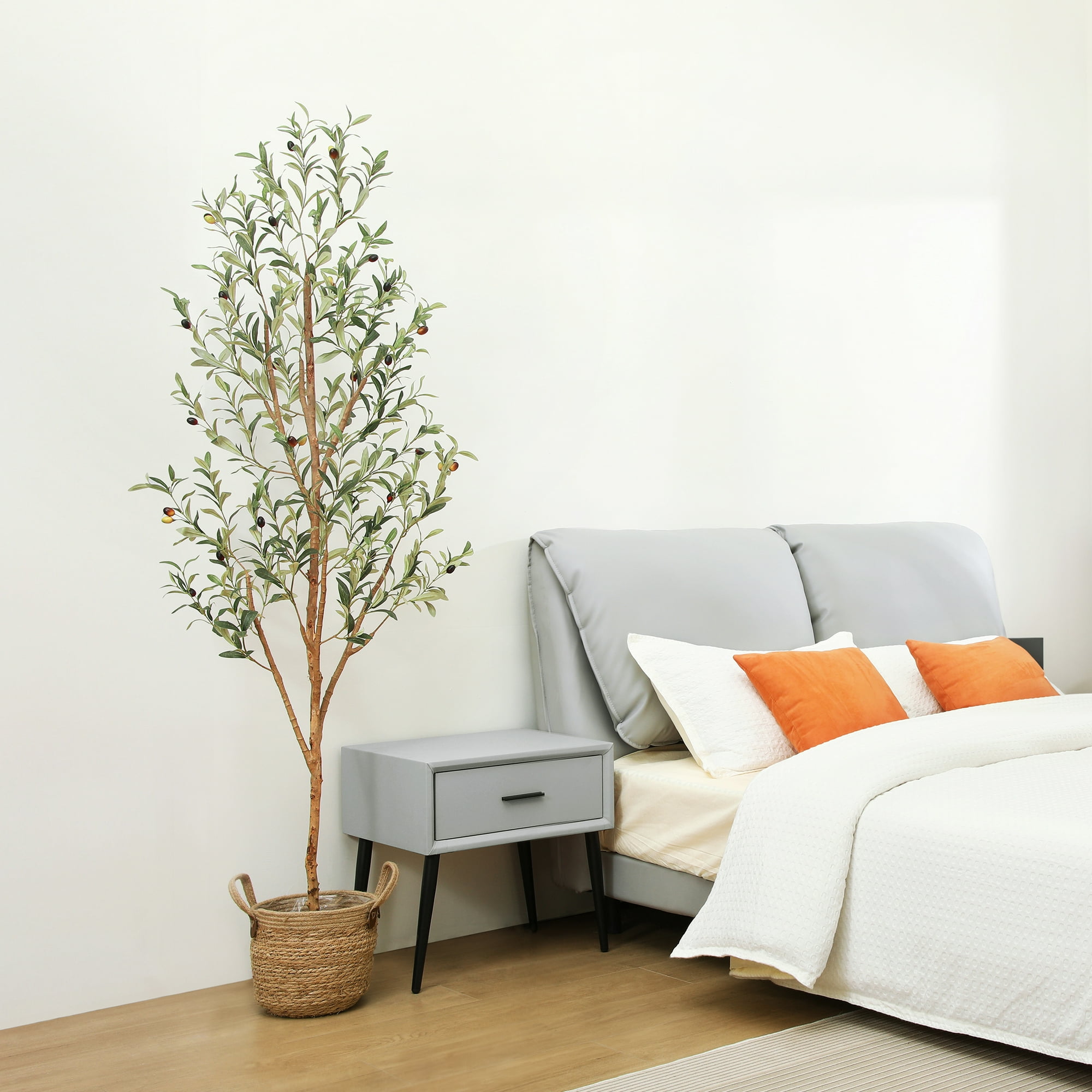 Photo 1 of 6 ft Artificial Olive Plants with Realistic Leaves and Natural Trunk, Silk Fake Potted Tree with Wood Branches and Fruits, Faux Olive Tree for Office Home Decor