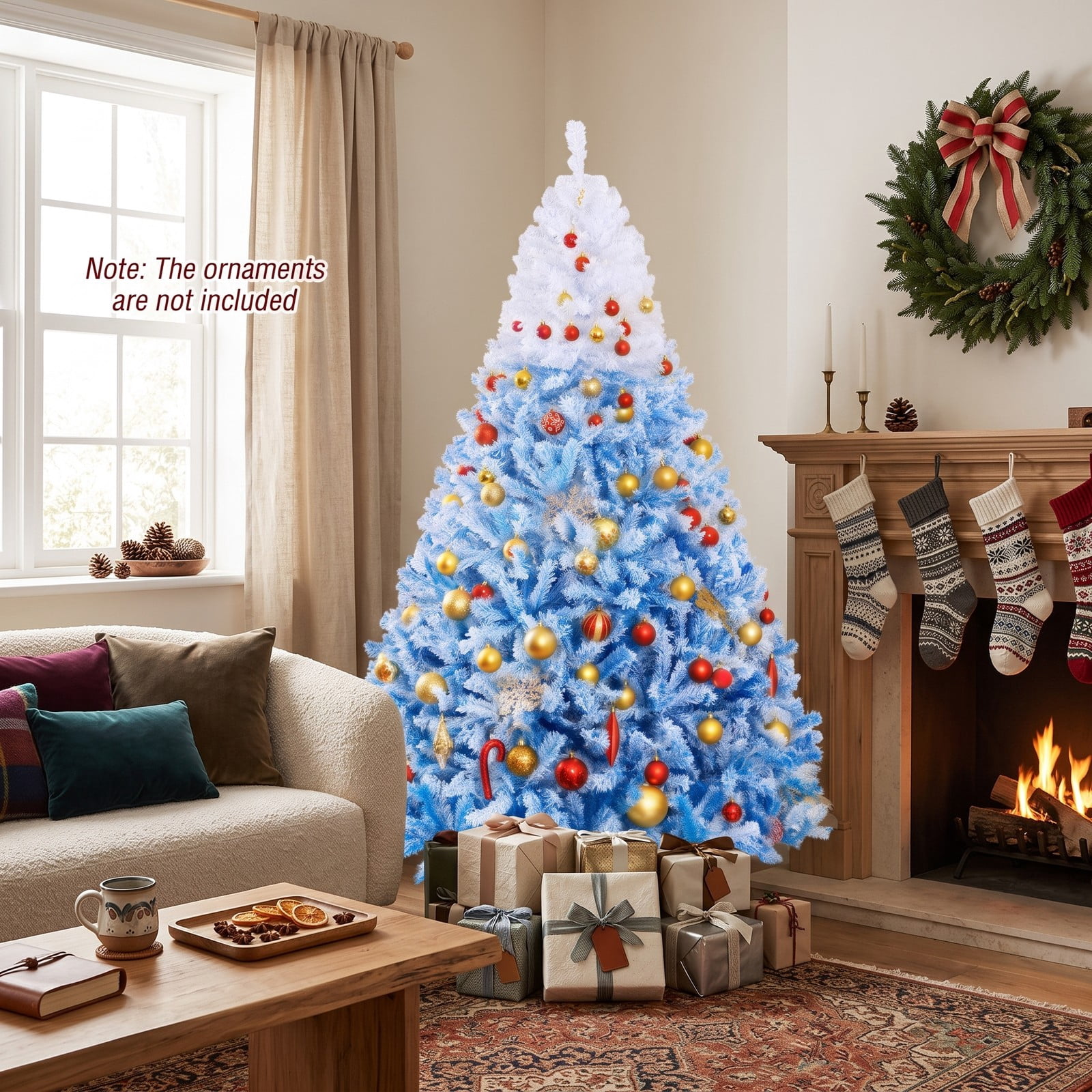 RUIE 7 FT Artificial Christmas Tree with 350 Warm White LED Lights and 8 Modes, Snow Flocked Hinged Prelit Xmas Tree with Foldable Metal Stand, White & Blue