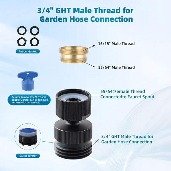 MINSUI-Swivel Faucet Adapter Kit, Solid Brass 3/4" Garden Hose Connector, 360 Degree Kitchen Sink Faucet Adapter for Female & Male to Male, Matte Black