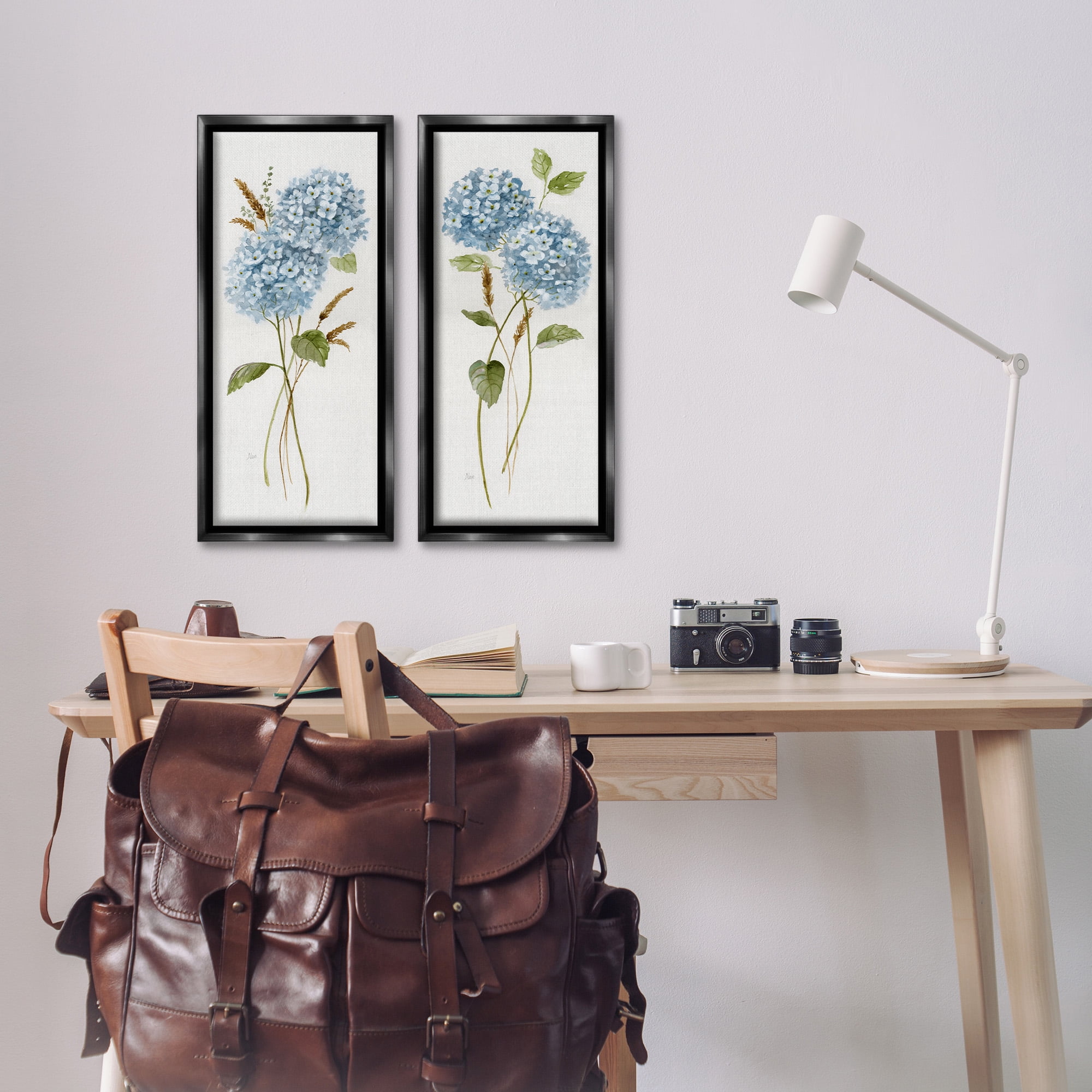 Stupell Industries Blue Hydrangea Long Stems Botanical & Floral Painting Black Floater Framed Canvas Art Print Wall Art, 11 x 25, Set of 2