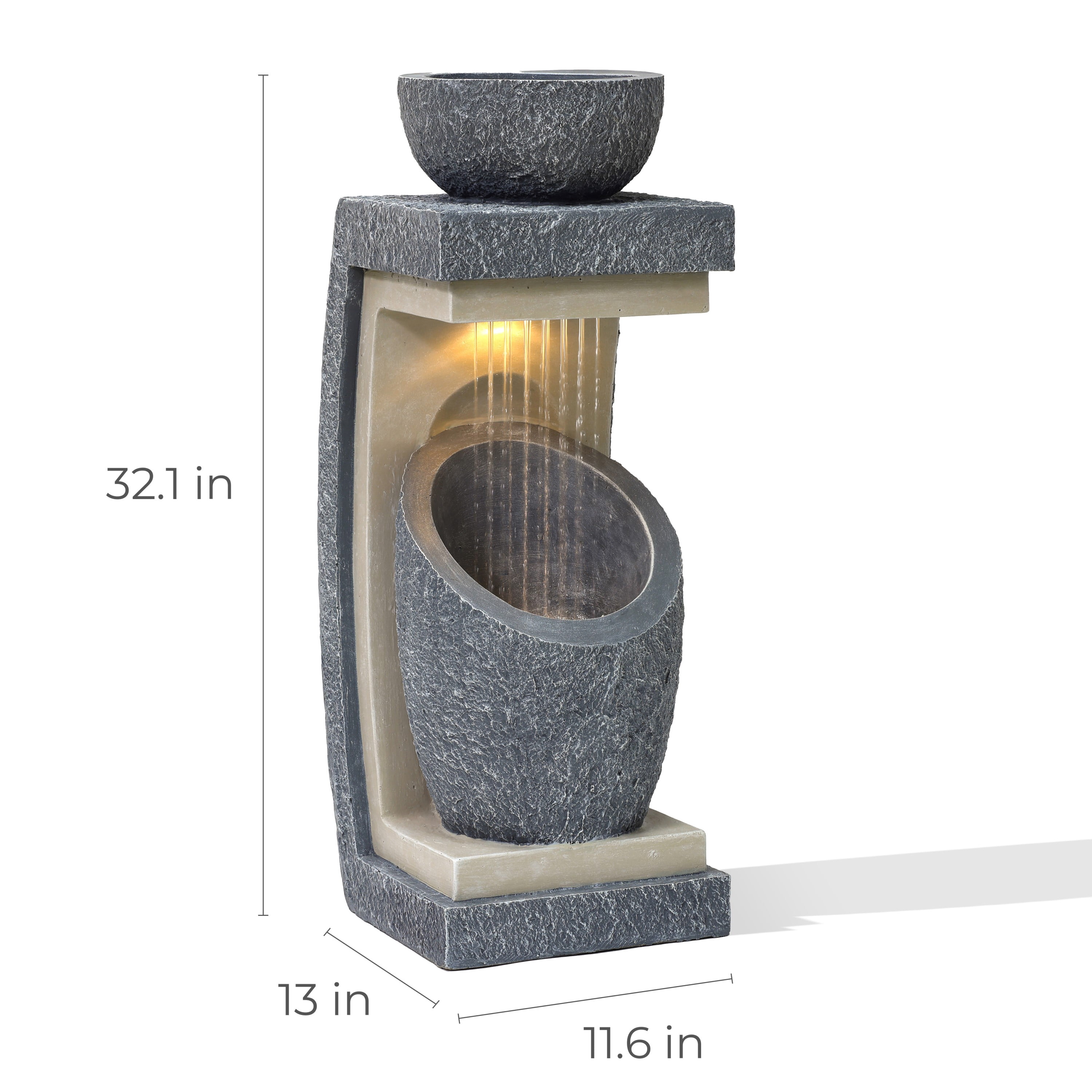 LuxenHome 32" Resin Cascading Water Fountains Outdoor and Indoor with LED Lights, Modern Water Features Garden Decor