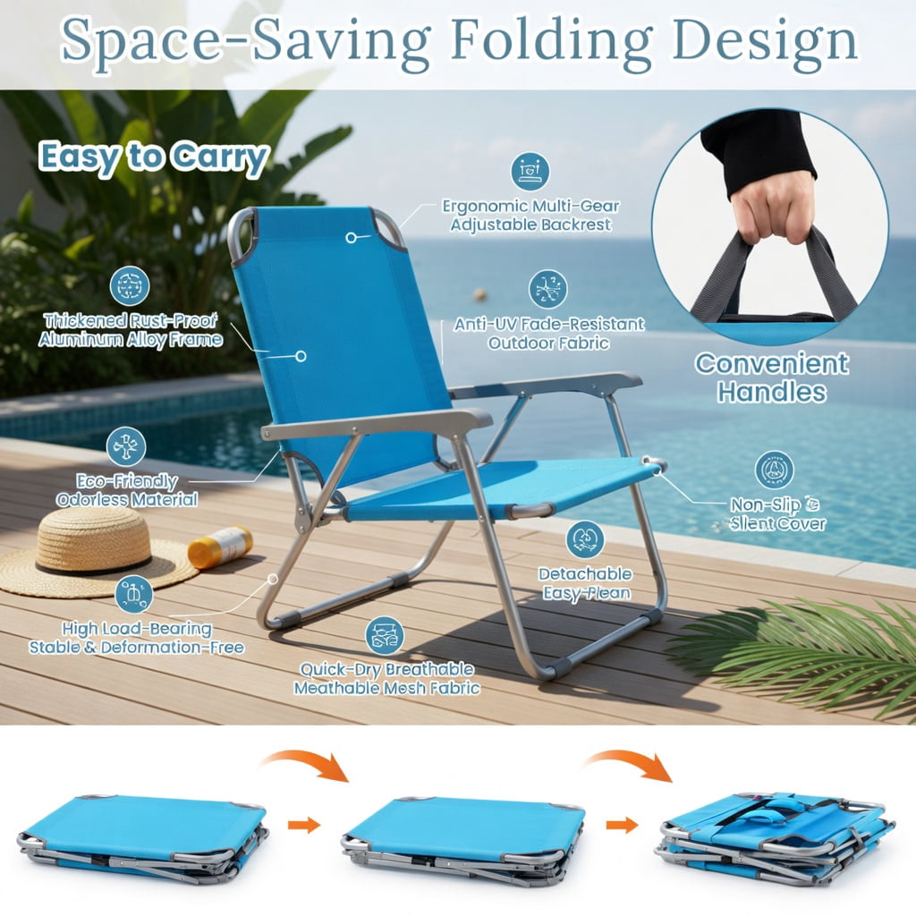 Hommoo Foldable Tanning Chair with Face & Arm Holes, Adjustable Reclining Sun Lounger for Beach, Pool, Patio, Navy