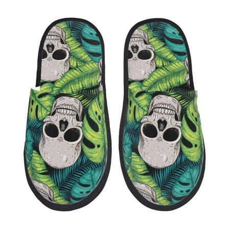 Balery Skull and Palm Leaves Slient Indoor Furry Fleece Comfort House Shoes Soft Non-Slip Home Shoes Cotton slippers House Slippers-- Medium