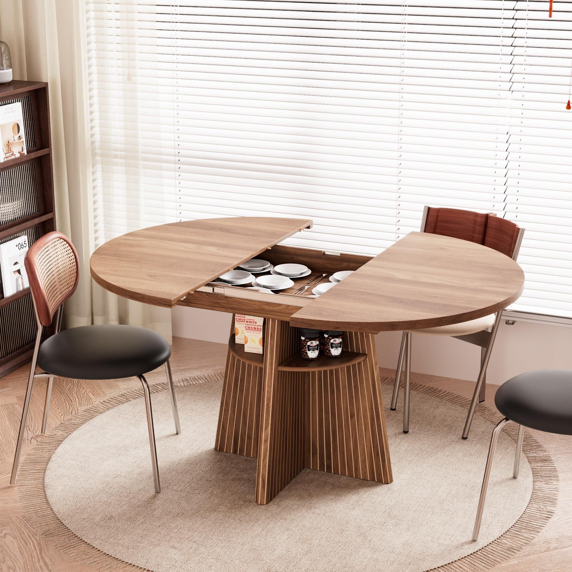 43.3–59" Extendable Dining Table for 4–8, Round Kitchen Table with Fluted Base & 4 Storage Shelves for Living Room, Walnut