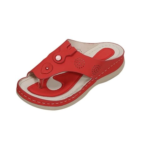 

Lhked Women s Flip Toe Casual Outerwear Sloping Heel Flat Bottomed Sandals And Slippers Summer Beach Flat Sandals& Red