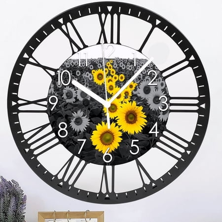 Iron Sunflower Wall Clock 10 Inch Silent Kitchen Wall Clocks Battery Operated Decorative Flower Clock for Kitchen Office Living Room Style 10×10inch(25×25cm)
