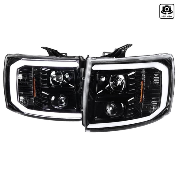 Spec-D Tuning Headlight Assembly 2LHP-SIV07BK-G2-TM Halogen Bulb; Projector Headlights With LED C-Bar; H1 High Beam/Low Beam 55 Watt Bulb; Clear Lens; Jet Black Housing; Set Of 2