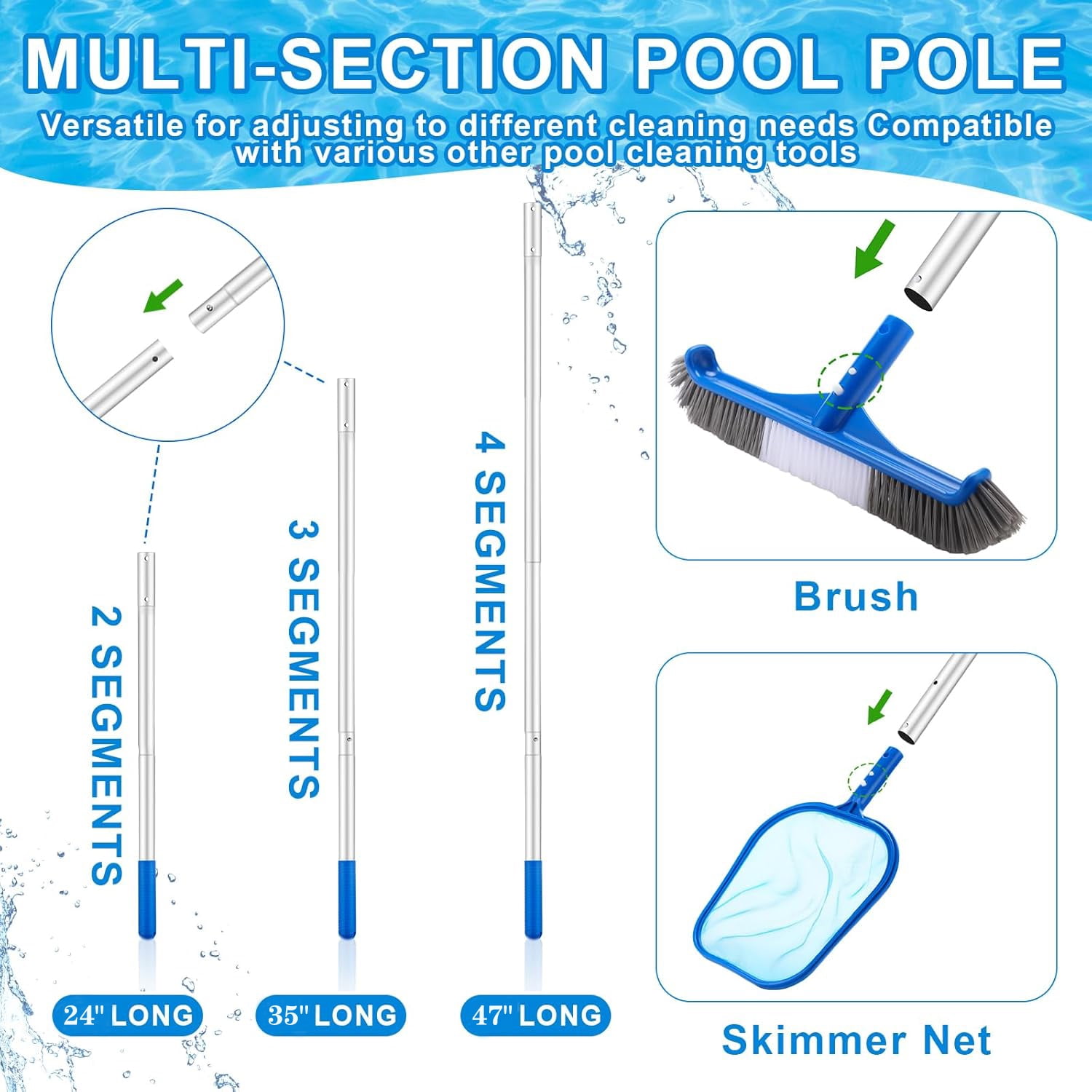Katinyos 4 Pcs Swimming Pool Cleaning Kit, Pool Maintenance Kit with Pool Cleaning Brush Scrubbing Scouring Sponge Pad Skimmer Leaf Net and Aluminum Pole, for Above Ground Pools, Ponds, Hot Tubs