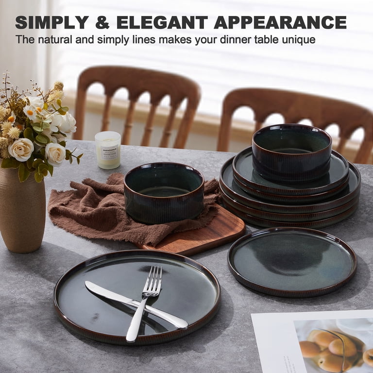 Vesteel Dinnerware Set for 4, 12-Piece Stoneware Ribbed Dishes with Reactive Glaze, Ceramic Plates and Bowls Set for Home Restaurant, Chip & Scratch