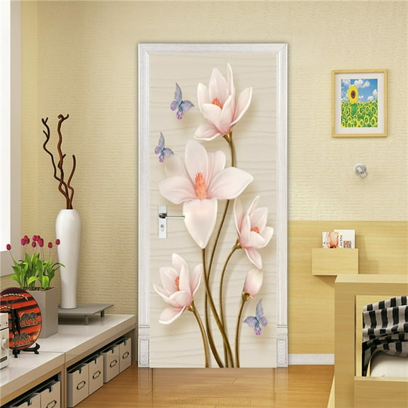 Pink Flower Door Sticker D Wallpaper Porch Bedroom ration PVC Poster Mural Peel & Stick Removable Wa