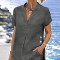 thumbnail image 4 of YanHoo Cotton Linen Sets for Women 2 Piece Summer Outfits Short Sleeve V Neck Top Wide Leg Pants Matching Casual Set, 4 of 7