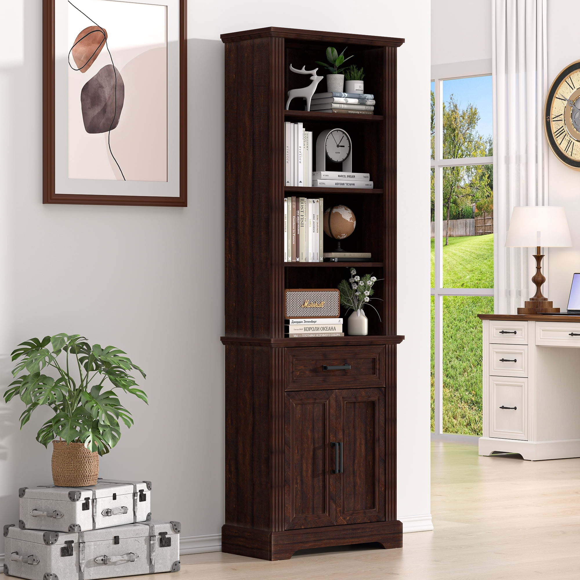 HARIPUL 72" Tall Bookcase Floor Standing with Drawer and Door, 6 Tier Wooden Storage Bookshelf for Living Room Home Office, Vintage Brown