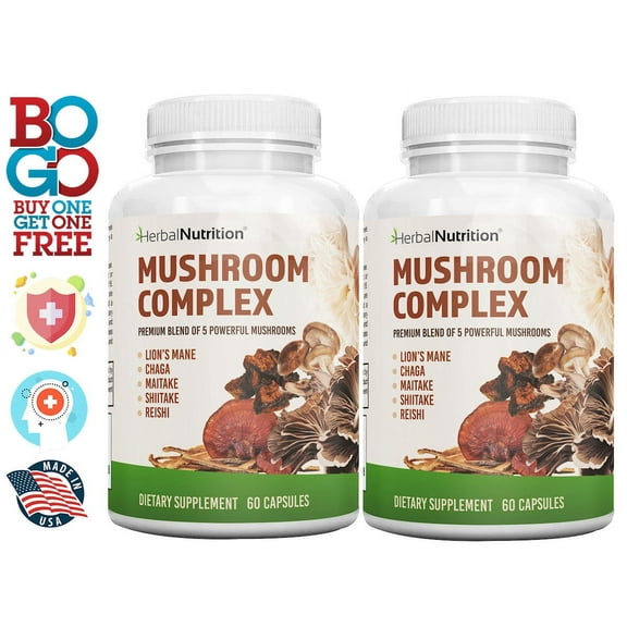 Herbal Nutrition Mushroom Complex 700mg to 1400mg. The 5 Most Powerful Mushrooms - Lions Mane, Reishi, Chaga, Maitake, Shiitake - Supports Immune and Brain Health