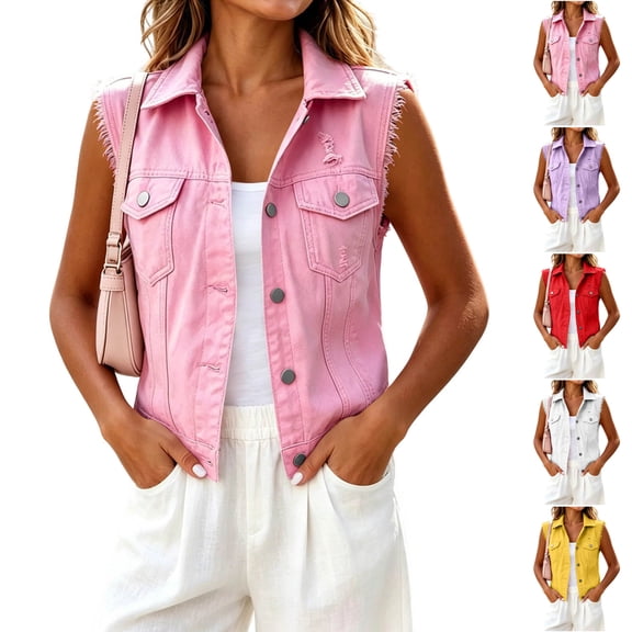TGSLY Denim Vest Jacket for Women Lightweight Collared Button Down Crop Jean Gilet Oversized Casual Frayed Trim Sleeveless Solid Color Denim Coat with Pocket XXXXL