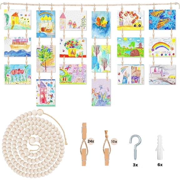 Triani 1Pcs Kids Art Display Wall Decor Wooden Beads Garland Holder with 58 Clips 3 Hooks and 6 Plastic Anchocs for Hanging Photos Notes and Artworks