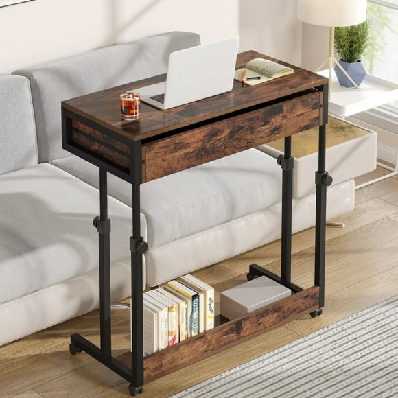 Fnova Mobile Desk with Drawers, Portable Laptop Desk on Wheels, Sofa Side Table, Bed Desk, Small Standing Desk for Home Office