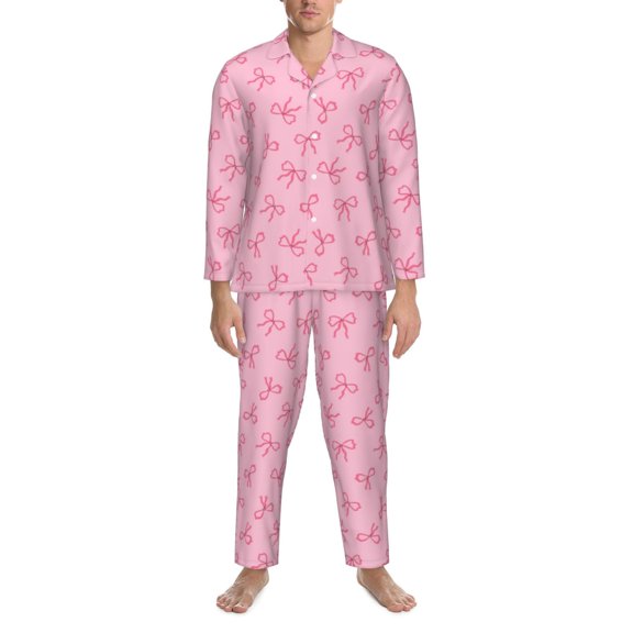 Mens Pajamas Set - Pink Bows Comfy Long Sleeve Button Up Pajama Sets for Men 2 Piece, Soft Sleepwear Nightwear Pjs Lounge Sets for Men with Pockets