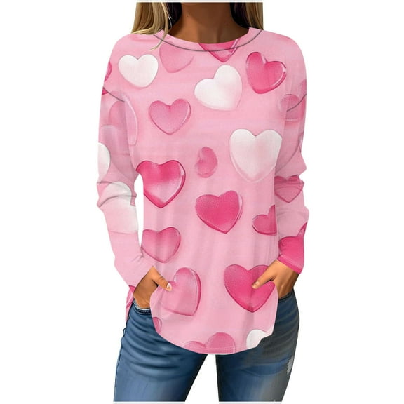 Cute Heart Long Sleeve T Shirt Women's Puls Size Valentines Trendy Crewneck Tunic Tops for Leggings