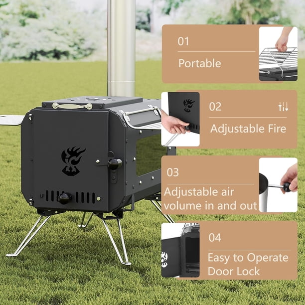 Poêle à Bois Portable Pour Tente – Acier Carbone, Pieds Pliables, Cheminée 130 Cm, 600°C, Pour Camping Et Barbecue